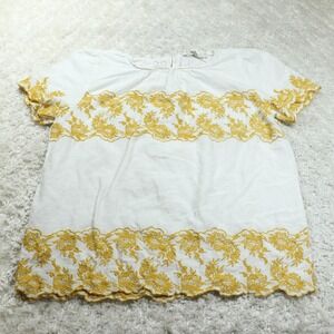 LOFT Shirt Womens Medium White Yellow Floral Linen Cotton Boho Cottagecore Top